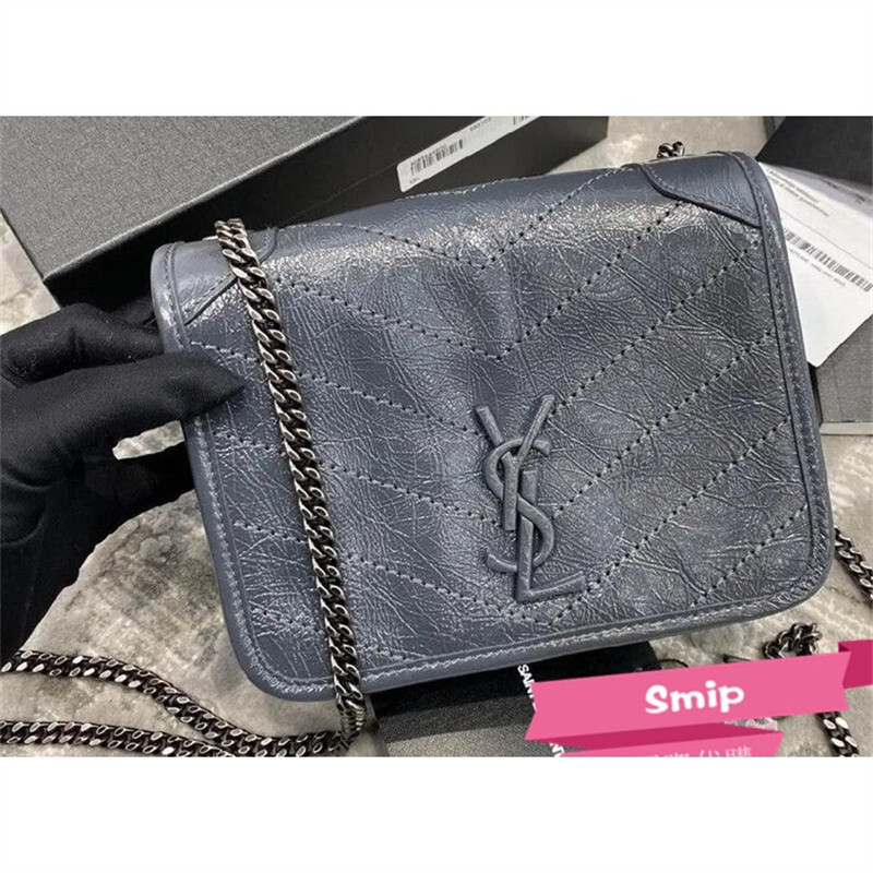 現貨+免運 YSL NIKI MINI 牛皮 灰藍 LOGO 單肩 斜背包 593145 現貨