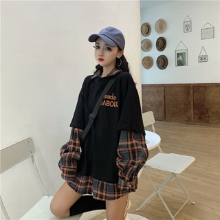 TK推薦✈春季2025新款長袖假兩件上衣女學生韓版寬松衣服原宿風ins衛衣女