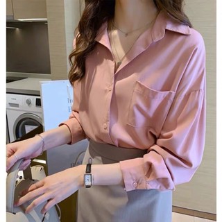 Yelly's~Shop粉襯衫女2024夏季寬鬆上衣設計感小衆長袖洋氣高級感弧形職業襯衣