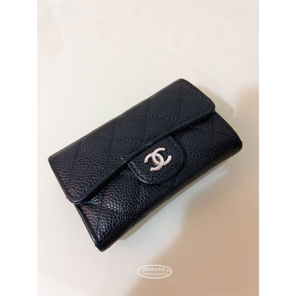 精品二手 Chanel coco 黑色 銀cc 羊皮 零錢包 翻蓋 短夾 卡夾 A80799 魚子醬皮