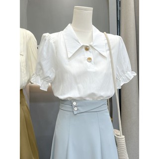 Yelly's~Shop100%純棉白色襯衫女短袖夏裝新款泡泡袖上衣小衆設計感別緻襯衣