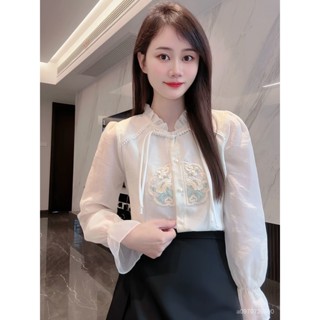 🌟臺灣發貨 上衣女 國風刺繡短袖 襯衫女 夏季 氣質襯衣 時尚洋氣修身 新中式上衣 漢服上衣 旗袍上衣 唐裝 漢服 5S