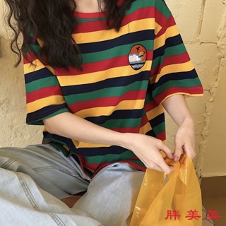 【M-5XL大尺碼】大尺碼上衣 大學T 短袖t恤 大碼港風條紋T恤短袖女胖mm300斤夏季複古設計感小眾刺繡半袖上衣