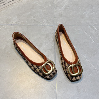 【GL SHOES】女鞋 豆豆鞋娃娃鞋 單鞋 一腳蹬平底鞋 小香風平底單鞋女2024年新款春秋百搭方扣千鳥格軟底復古豆豆