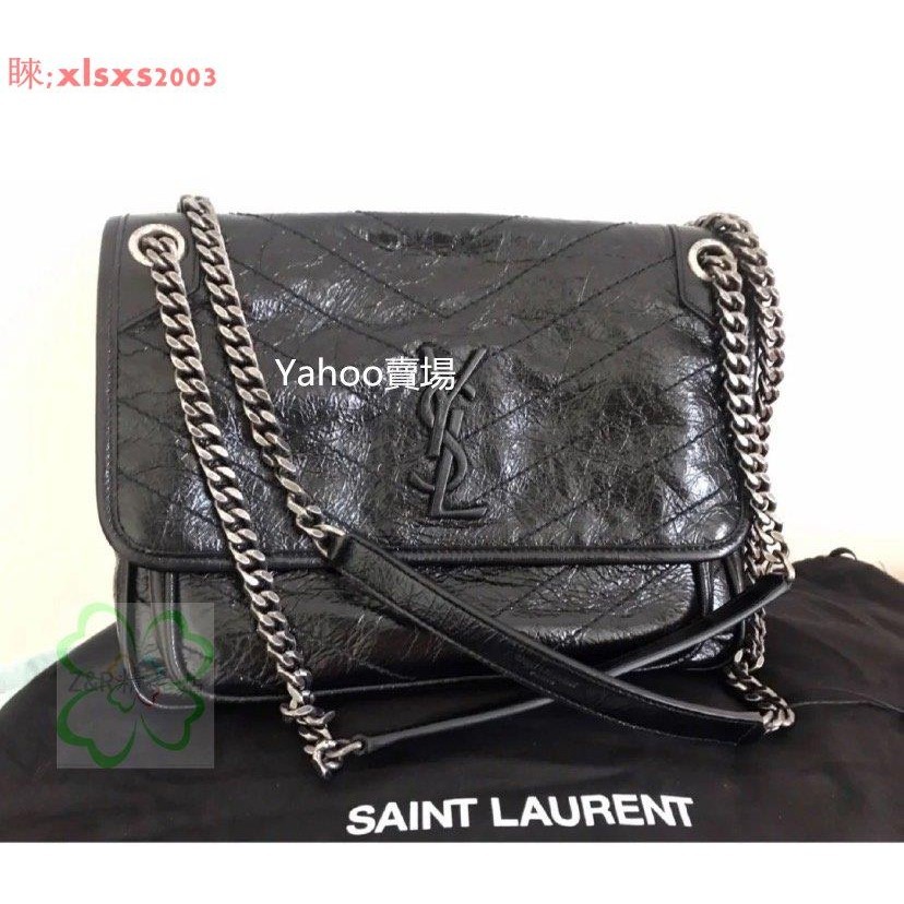 二手正品YSL NIKI 中號28cm 女士復古褶皺全皮 雙鏈 鏈條包 單肩斜跨 黑色