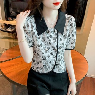 SY法式上衣復古撞色玫瑰花雪紡襯衫女夏季短袖上衣新款氣質寬鬆短款上衣泡泡袖襯衫