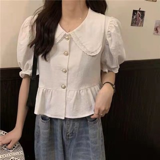 SY短款上衣夏季新款短袖上衣女法式襯衫甜美娃娃領上衣泡泡袖襯衫寬鬆短袖襯衫韓係上衣