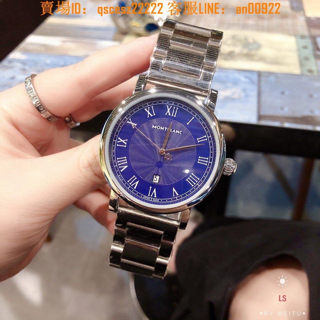 Montblanc-萬寶龍時尚男士手錶石英錶礦物質超強玻璃鏡面實心鋼帶蝴蝶扣/牛皮錶帶男士腕錶
