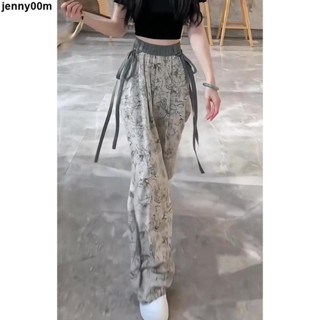 長褲💦 國風闊腿褲女夏2023新款薄款冰絲休閑飄帶設計感高腰直通長褲MB