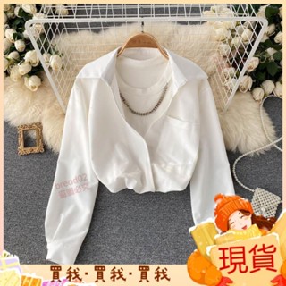 2024新款💝港風chic法式襯衫女設計感小眾鏈條拚接短款假兩件上衣氣質感秋裝 JTNC