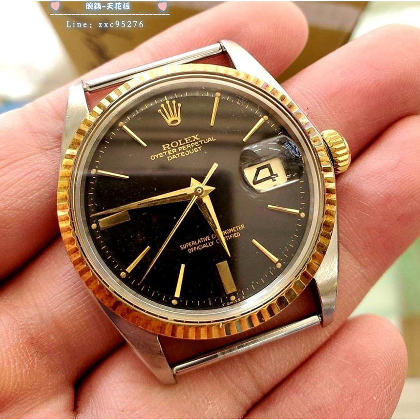 勞力士 1601 Datejust 龜殼面 長簇形時標 黑色面盤Vintage Rolex 黃K金+鋼腕錶