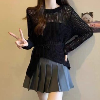 夏季薄款慵懶風垂感空調外搭罩衫女圓領不規則鉤花鏤空針織衫 防曬罩衫 罩衫 上衣 針織罩衫 外搭罩衫 罩衫外套 外搭罩衫