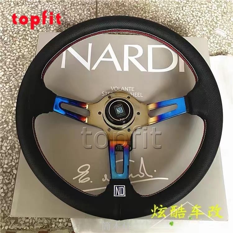 【簡木佳】NARDI通用汽車改裝通用方向盤 ND燒鈦半烤藍支架 14寸350mm 真皮 三幅透氣皮質 ND改裝