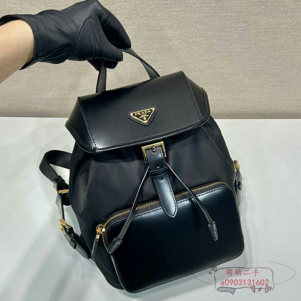 二手精品 PRADA 普拉達 經典中古 亮面皮革拼尼龍 雙肩包 鏈條包 雙肩包 後背包 女包 1BZ074