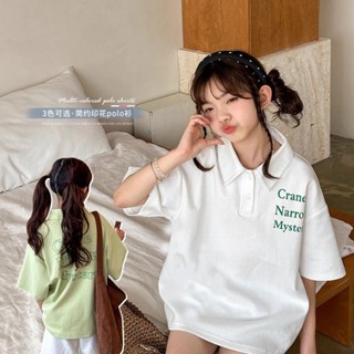 💕洋洋兒童店💕 女童短袖 女童上衣 女童Polo衫短袖T恤夏季 新款兒童寬鬆簡約字母印花翻領上衣潮 兒童短袖 女童T恤