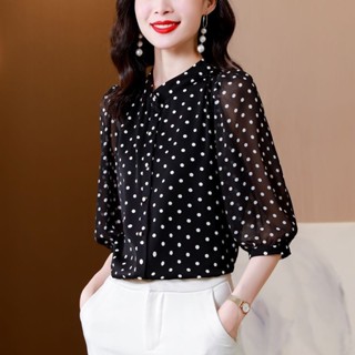 七分袖女上衣新款貴夫人波點雪紡衫寬鬆遮肚子T106#媽媽裝大碼 大碼女裝 阿嬤衣服