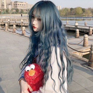 霧藍色假髮女玉米燙羊毛泡麵小捲空氣劉海Lolita長捲髮大波浪髮套