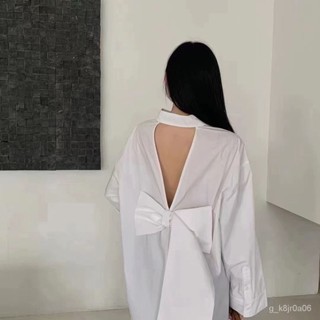 黴黴💖露背大蝴蝶結寬鬆條紋長袖襯衣2024初秋設計後背鏤空Polo領襯衫女 FRGO