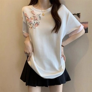 國風刺繡盤扣短袖T恤打底衫女夏裝大碼胖mm顯瘦設計感新中式上衣 國潮 中國風上衣 復古上衣 大尺碼上衣 顯瘦 短袖T恤