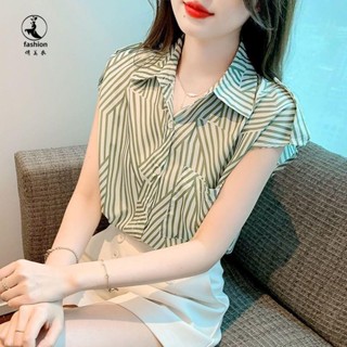 襯衫女 時尚洋氣不對稱條紋襯衫上衣 女士襯衫 女2024年夏季新款優雅 顯瘦 女 雪紡短袖上衣潮