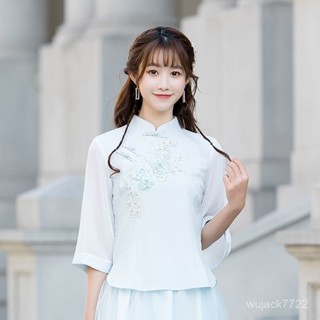 復古洋裝女套裝 中國風盤扣上衣 古裝漢服改良式旗袍 民族風大尺碼連衣裙 中式棉麻茶服夏款七分袖上衣+蕾絲半身裙 傳統服飾