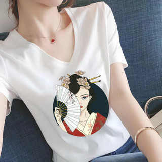 中國風上衣女 【65-200斤】100%純棉短袖V領T恤女寬松百搭體恤新款半袖古風上衣 新中式上衣 短袖t恤女 大尺碼夏