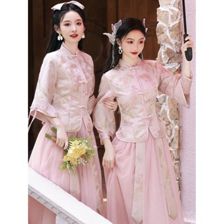 臺灣出貨 中式伴娘禮服 中國風 伴娘服 結婚禮服 小個子伴娘服 新款國風漢服婚禮閨蜜小個子長裙姐妹團晚禮服女