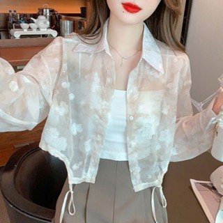 韓版長袖襯衫外套 小清新甜美碎花雪紡襯衫防曬衣女裝夏季長袖薄款開衫上衣短款外套 防曬襯衫 防曬罩衫 遮陽防曬衣 薄外套