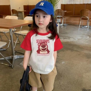 【桃園出貨】童裝短袖草莓熊夏季新款女寶寶撞色袖洋氣幼兒園卡通純棉ins風T恤 兒童短袖上衣T恤 兒童衣服 小孩衣服