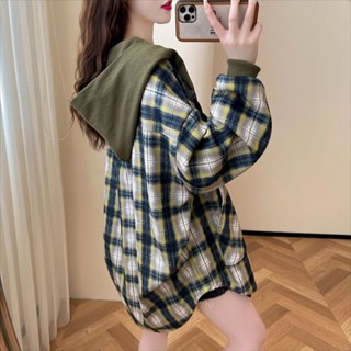 [Jaylee]復古洋氣連帽衛衣外套 帽衫外套 格子襯衫女 春秋新款休閒 減齡 校園風大碼女裝 韓版上衣 長袖外套女