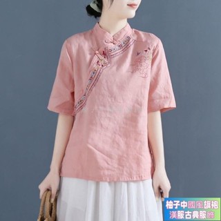 臺中出貨 民族風上衣 盤扣 刺繡襯衣 夏季純棉短袖女 寬鬆棉麻上衣 漢服上衣 復古文藝大碼襯衫 中國風上衣 中國風服飾