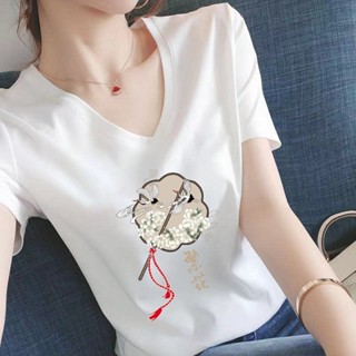 100%純棉白色V領短袖T恤女新款春夏季古風半袖寬松大碼上衣 國潮 中國風上衣 復古上衣 大尺碼上衣 顯瘦 短袖T恤