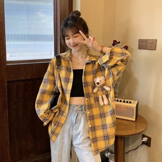 [Jaylee]設計感小眾口袋小熊格子襯衫女秋季新款韓版上衣 中長款長袖上衣 薄款外套 開衫外套 女生外套