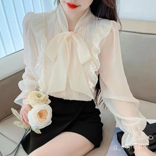 銷量第一名🎀法式荷葉邊減齡寬鬆雪紡衫女2024春秋甜美氣質蝴蝶結百搭長袖上衣 T4RP