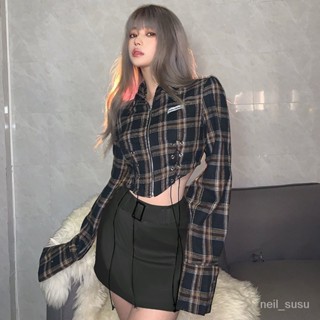 【限時特賣】 襯衫女 女生襯衫 襯衫外套 防曬外套 韓版襯衫 大碼胖妹妹美式街拍復古格子上衣春秋新款辣妹綁帶拉鍊長袖襯衫