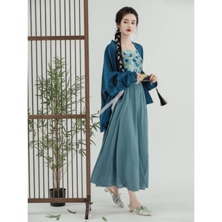 【熱銷】新中式漢服 改良漢服 洋裝 春季新款新國風藍色外套搭配 吊帶裙兩件套 洋裝套裝 長裙jyh842gtk