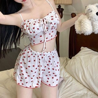 【限時特賣】睡衣 居傢睡衣 性感睡衣 女生睡衣 Ins甜美草莓蝴蝶結弔帶分體睡衣女短褲套裝夏純慾露臍傢居服套裝