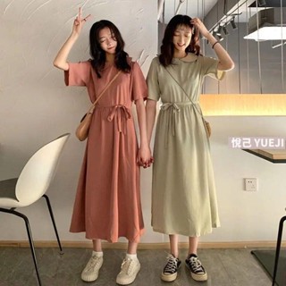 悅己🌻年韓版高腰寬松娃娃領中長款收腰氣質雪紡連衣裙百搭夏季裙子大尺碼女裝 大尺碼洋裝 胖MM洋裝 連衣裙 長裙 簡約百搭