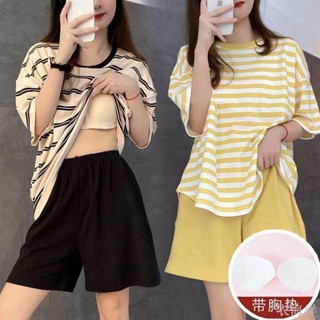 💡Thi 自帶胸墊 新款睡衣女 夏季短袖條紋居家服 夏天薄款 學生外穿 寬松家居服套裝