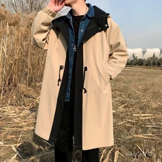 ✨實拍+免運✨ 韓版大衣 春秋季風衣 長款秋季外套 寬鬆 休閒假兩件連帽風衣男中長款撞色大衣港風春夏青年寬鬆大碼薄款外套