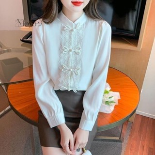改良旗袍白色立領長袖雪紡襯衫女秋冬襯衣新中式國風盤扣內搭上衣 新中式 中國風上衣 韓版上衣 大尺碼上衣 長袖襯衫 復古