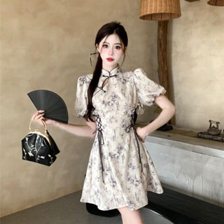 🔥闆娘推薦 大尺碼旗袍 新中式改良旗袍 旗袍洋裝 新中式收腰顯瘦短袖連衣裙 夏季胖mm國風復古氣質A字短裙 夏季旗袍