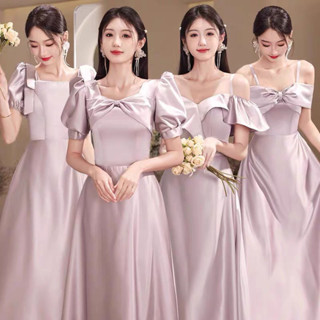 僊氣飄飄~結婚宴 畢業典禮禮服女 紫色緞麵伴娘服2024新款冬季姐妹團晚禮服裙氣質大碼顯瘦平時可穿 韓版顯瘦小禮服【琳黛