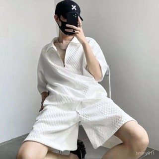 【臺灣發貨】男生穿搭 短袖+短褲 兩件套裝 親膚面料 休閒套裝 紋理高階潮牌 寬鬆套裝 半袖 翻領短袖上衣 高階感穿搭