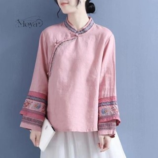 新款雙層文藝刺繡中式立領斜頸盤扣復古禪意茶服襯衫女 大尺碼T恤 長袖上衣 民族風上衣 禪意茶服 文藝T恤 盤扣長袖 襯