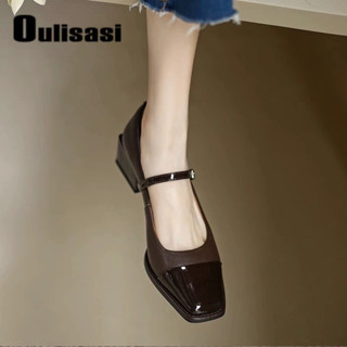 【Princess Home】Oulisasi法式複古拚色瑪麗珍鞋女氣質一字扣軟皮粗跟中跟淺口單鞋 瑪麗珍娃娃鞋 單鞋