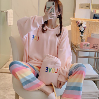 【🔥新品熱銷🔥 拖鞋 】珊瑚絨睡衣女秋冬季加厚保暖法蘭絨韓版可愛學生彩虹條家居服套裝
