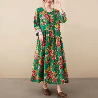 洋裝|秋季新款大紅花大擺裙|民族風胖MM加大碼寬鬆遮肚大擺連衣裙媽媽裝大碼女裝阿嬤衣服韓係洋裝