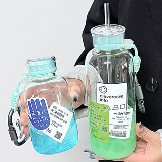 雙蓋杯 玻璃杯 時間刻度水杯 鑰匙扣大容量新款吸管個性玻璃杯ins高顏值