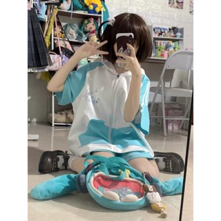 Meet.You.小貓咪耳朵衛衣拉鏈短袖連帽外套夏季女生日係二次元衛衣上衣